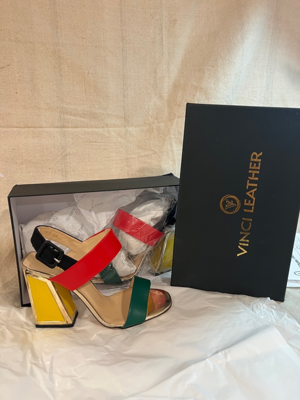 VINCI Leather Colorblock Block Heel Sandals - Red, Green & Yellow